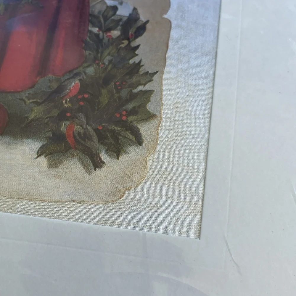 Large Christmas Die Cut Santa Two Puppets & Robins Perched on Holly Holiday Vntg